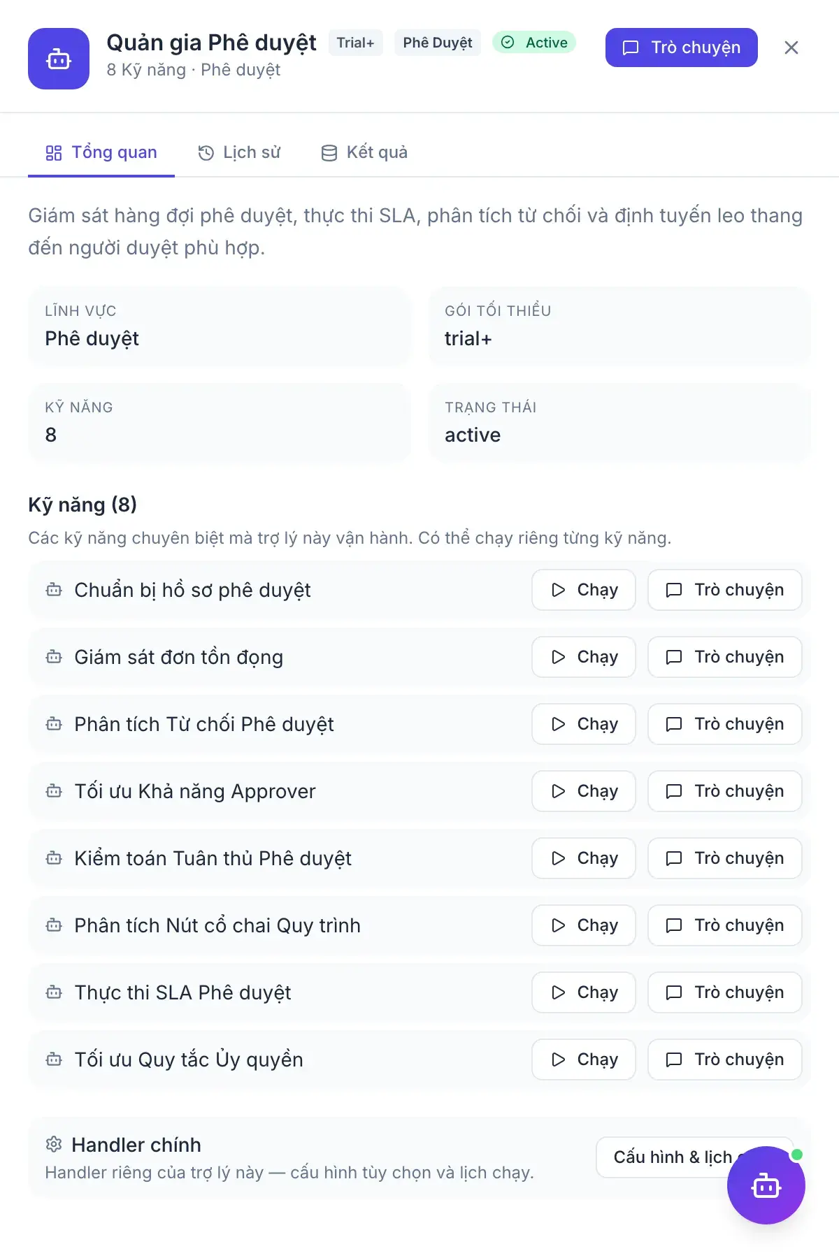 Quản gia Phê duyệt — bảng kết quả của trợ lý