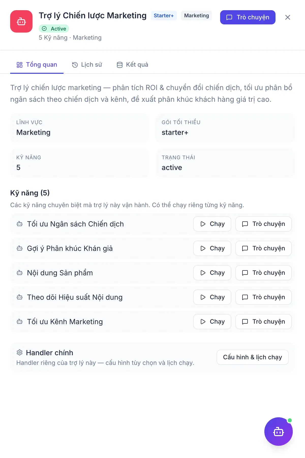 Chiến lược Marketing — bảng kết quả của trợ lý