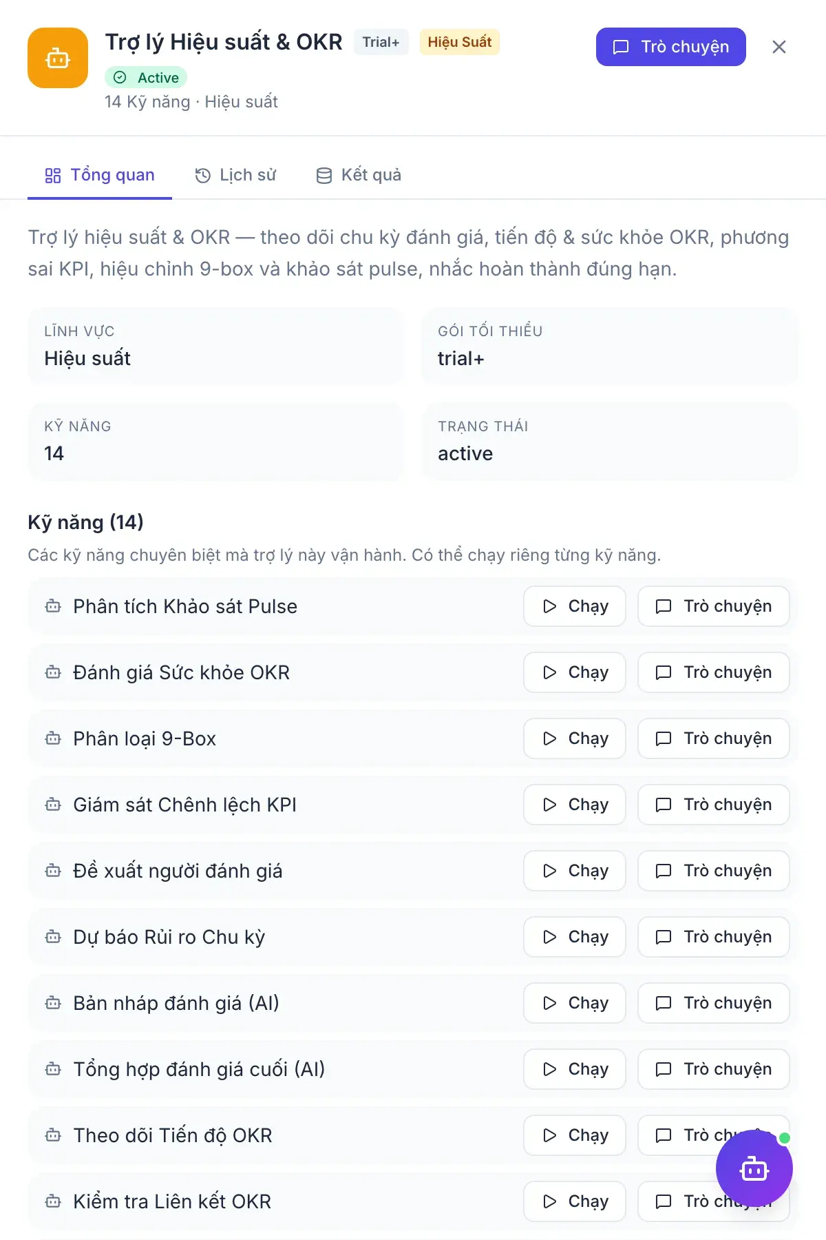 Hiệu suất & OKR — bảng kết quả của trợ lý