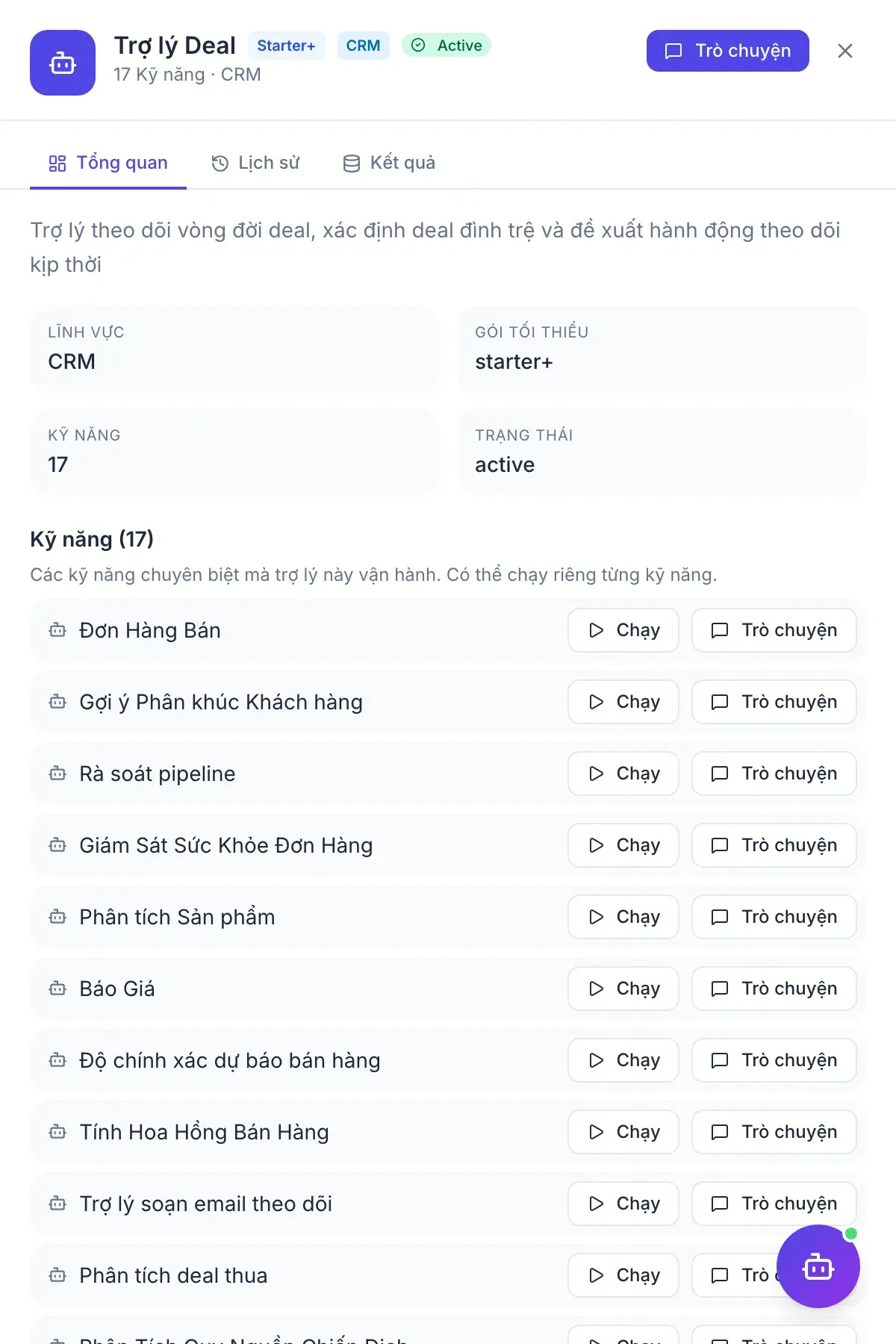 Huấn luyện Bán hàng — bảng kết quả của trợ lý