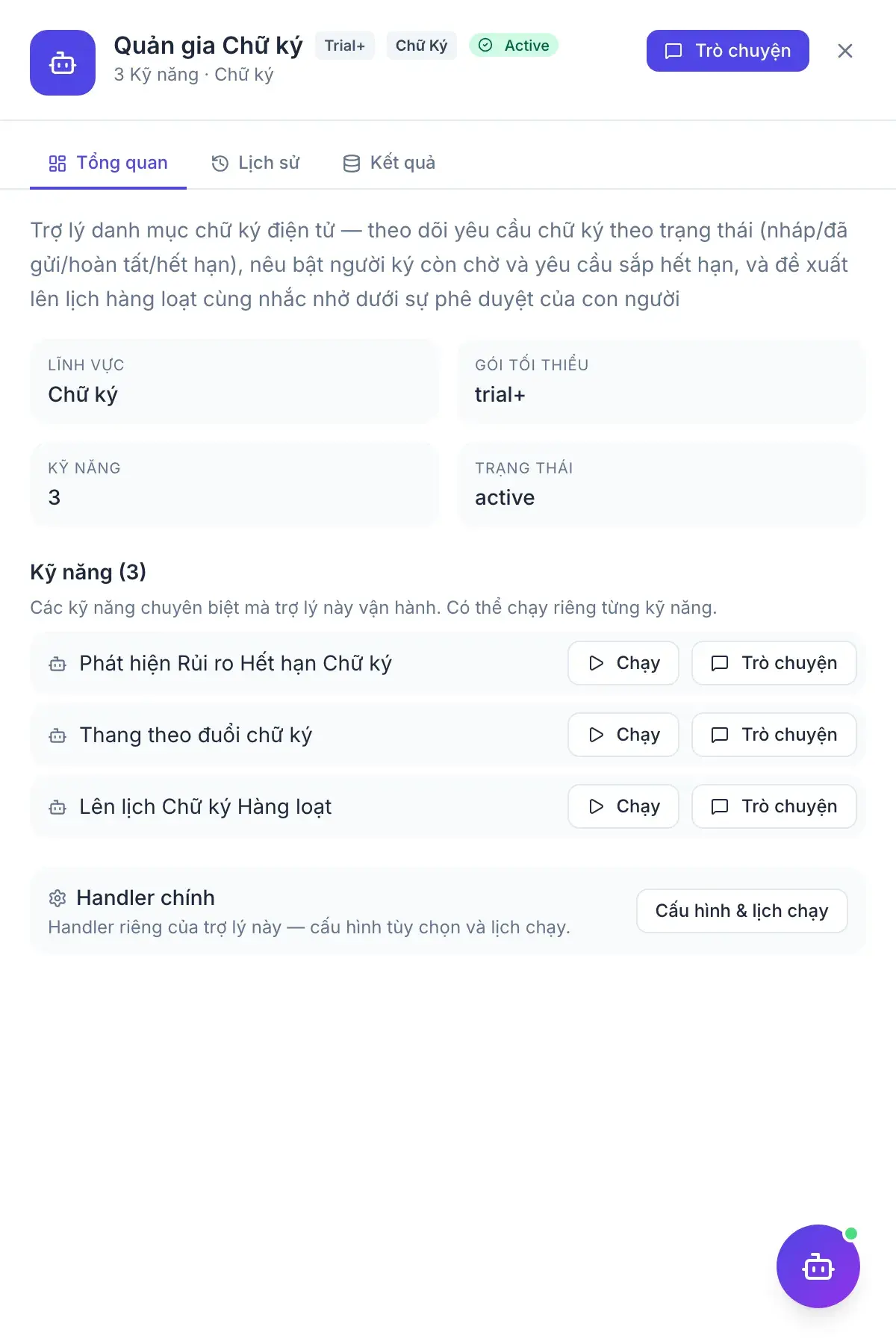 Quản gia Chữ ký — bảng kết quả của trợ lý