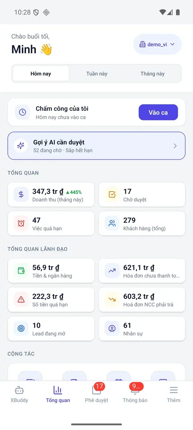 Executive overview: revenue, cash, receivables on XBuddy Office
