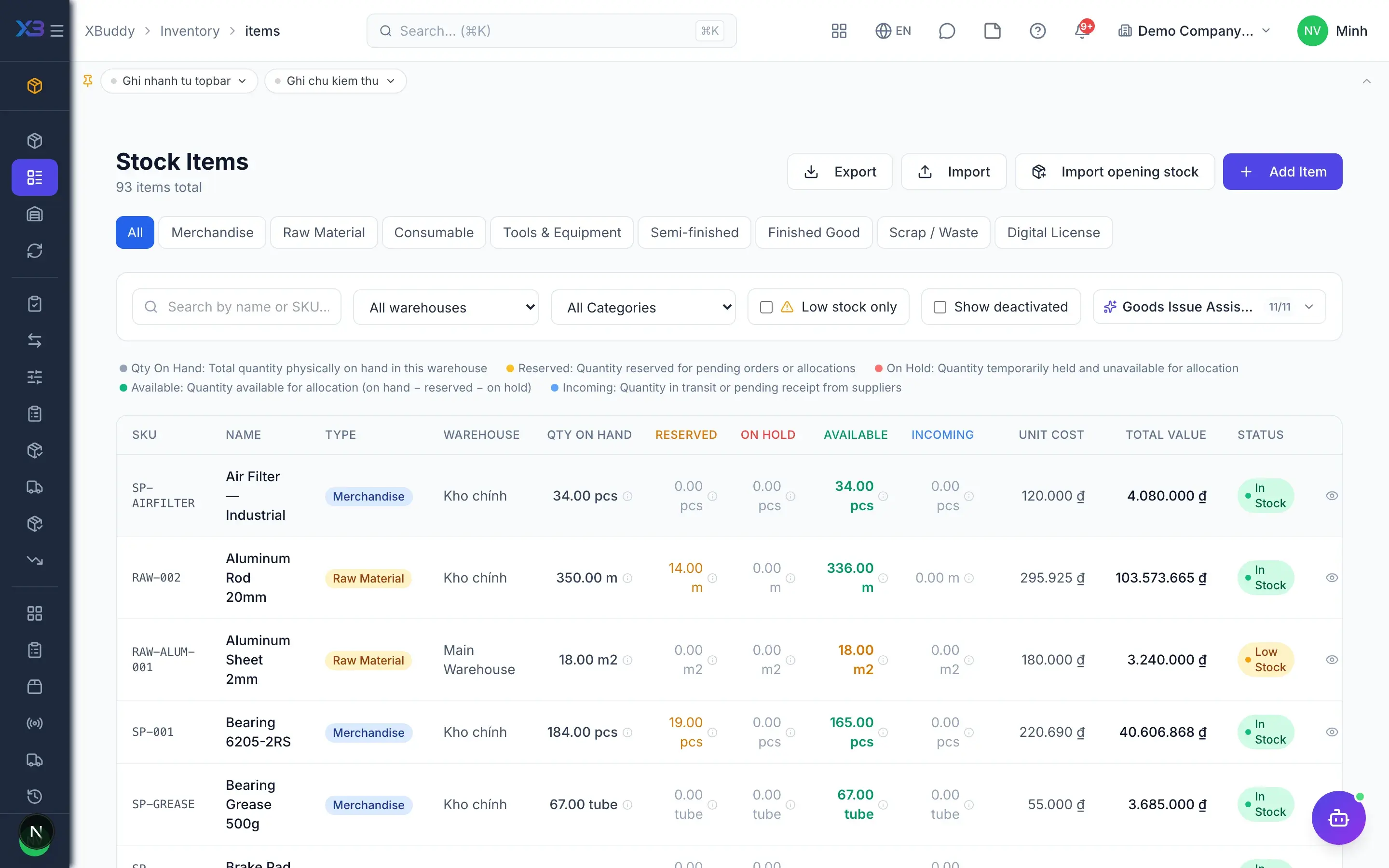 Inventory — product screen