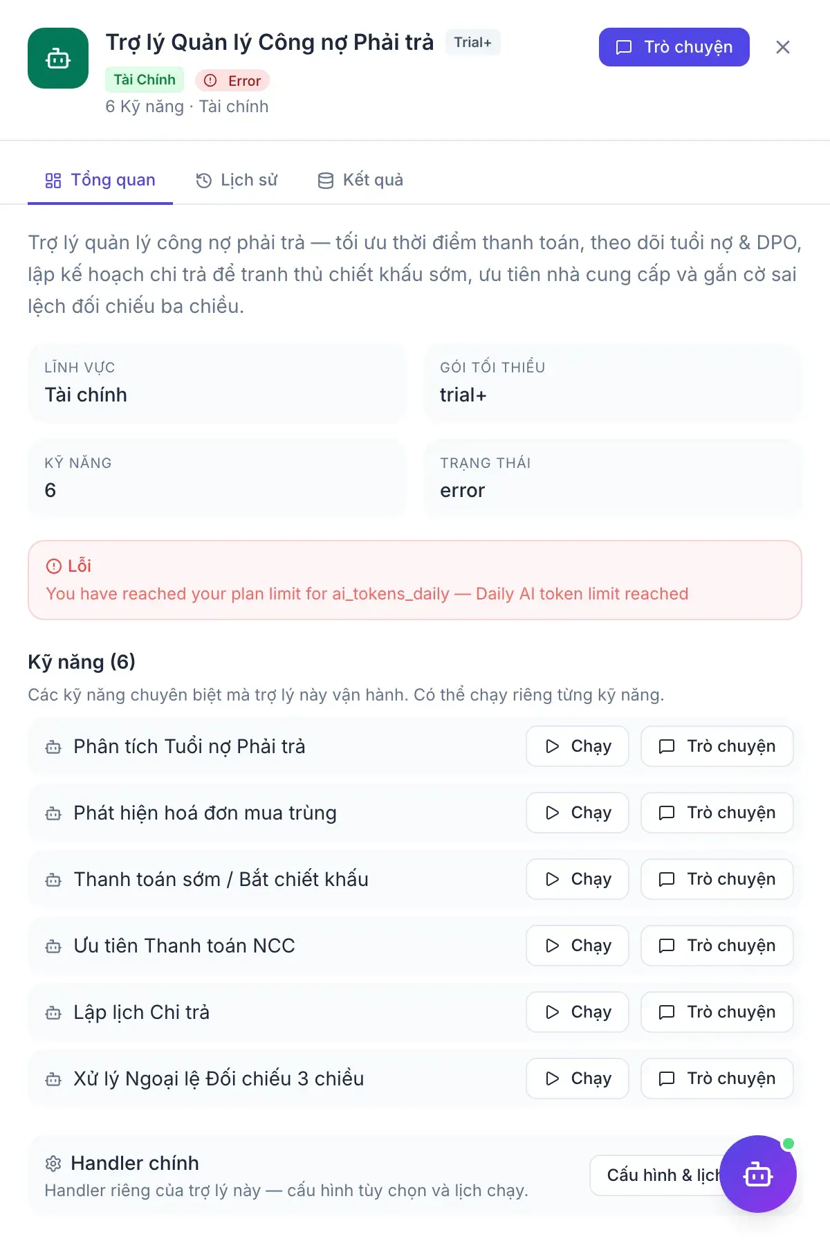 Quản lý Phải trả — bảng kết quả của trợ lý
