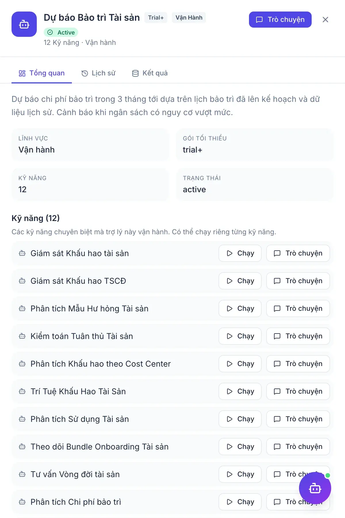 Quản lý Tài sản — bảng kết quả của trợ lý