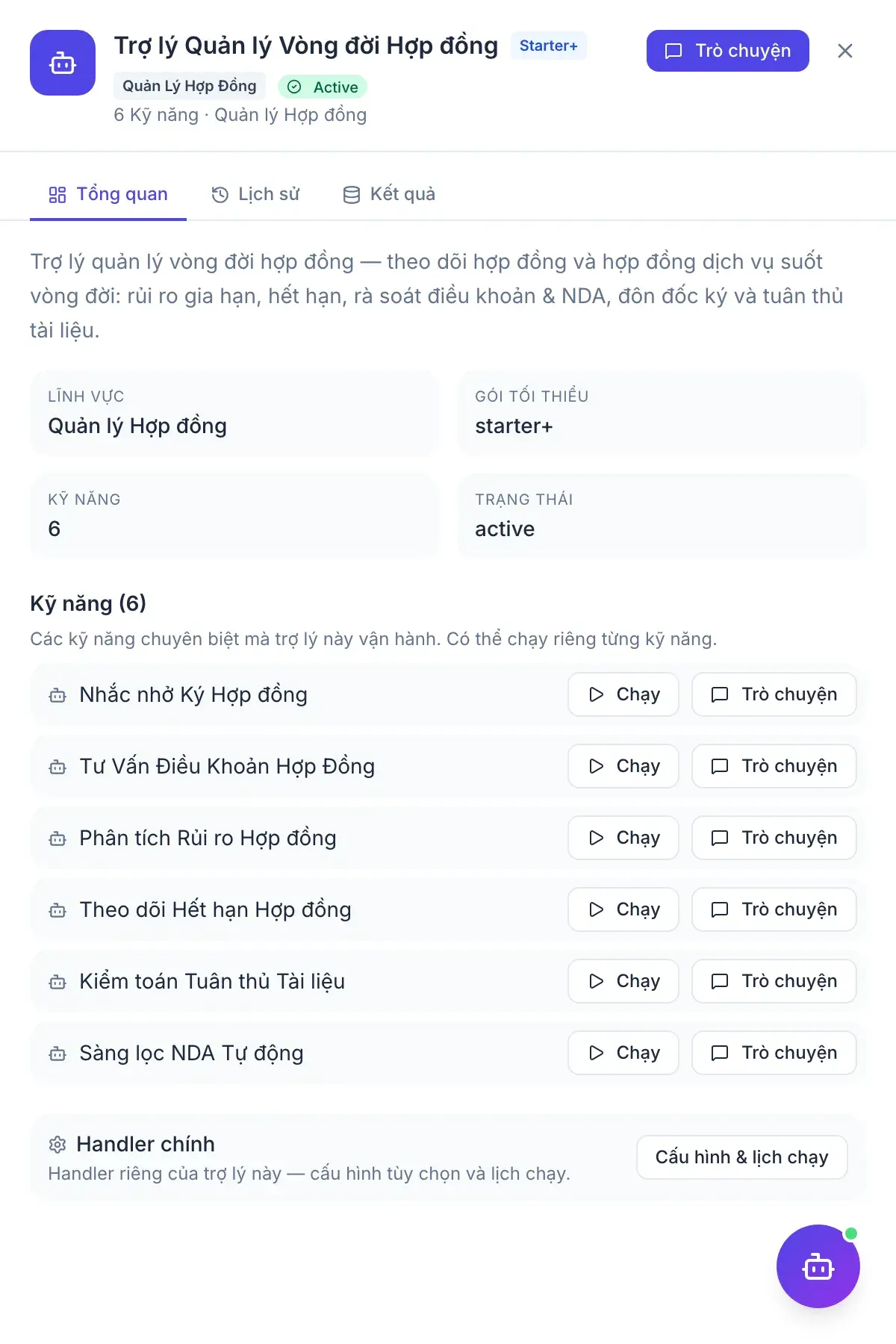 Vòng đời Hợp đồng — bảng kết quả của trợ lý