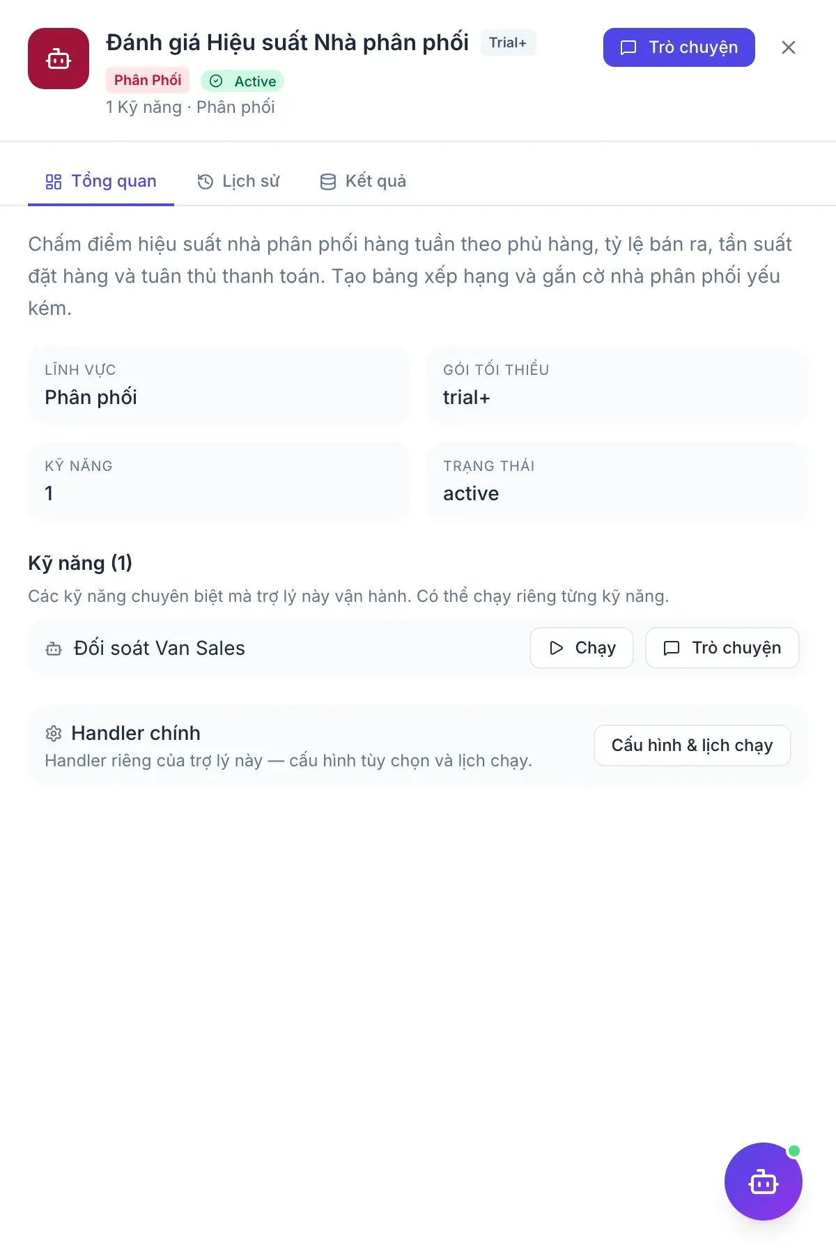Quản lý Phân phối — bảng kết quả của trợ lý