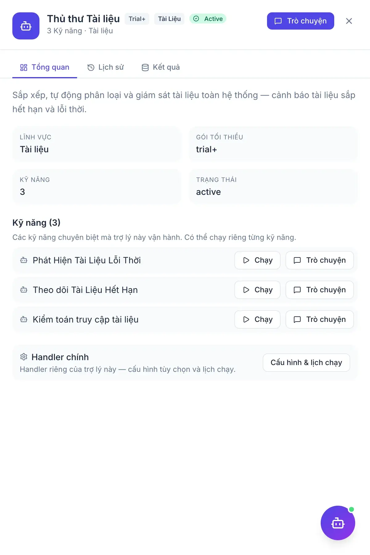 Thủ thư Tài liệu — bảng kết quả của trợ lý