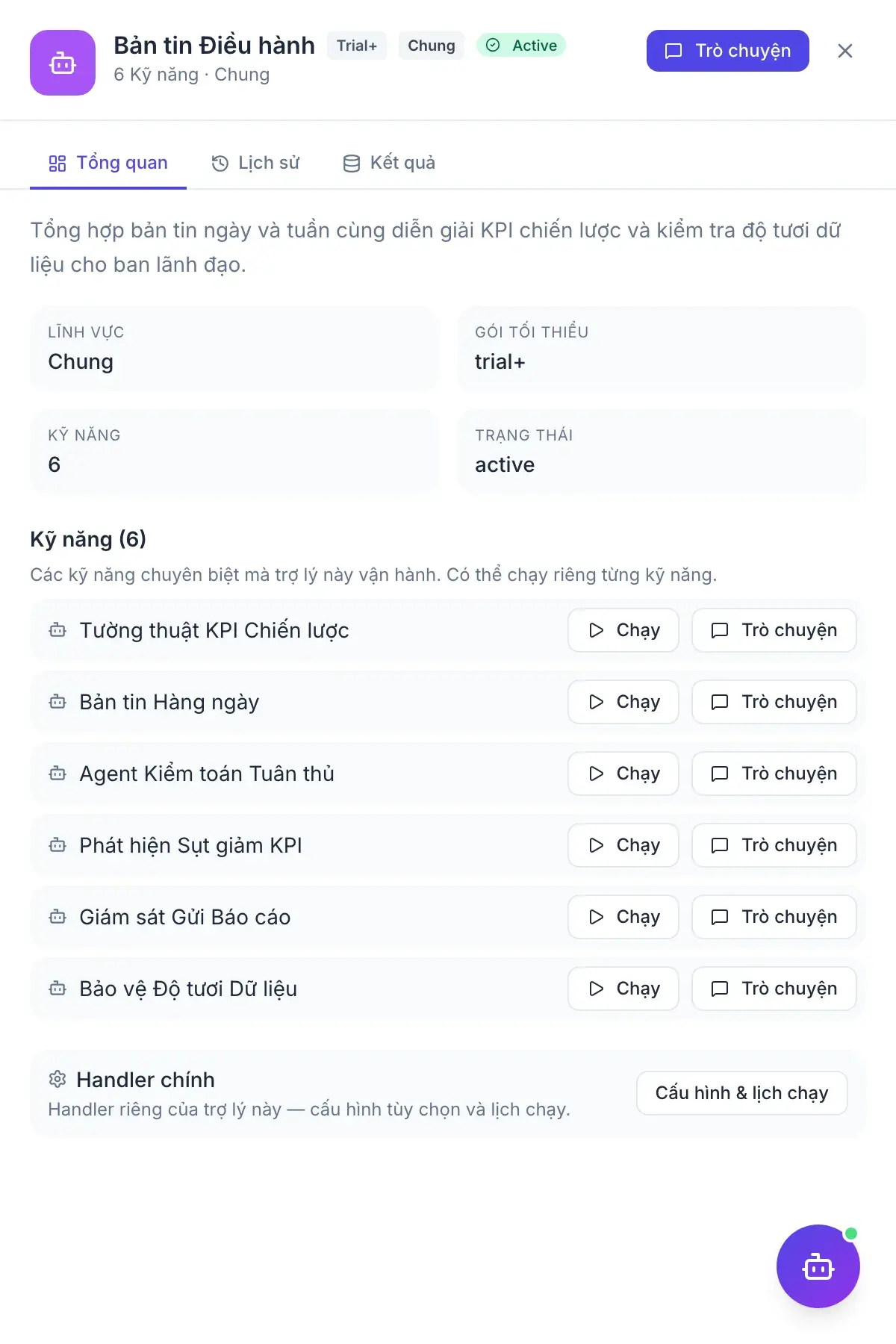 Tóm tắt Điều hành — bảng kết quả của trợ lý
