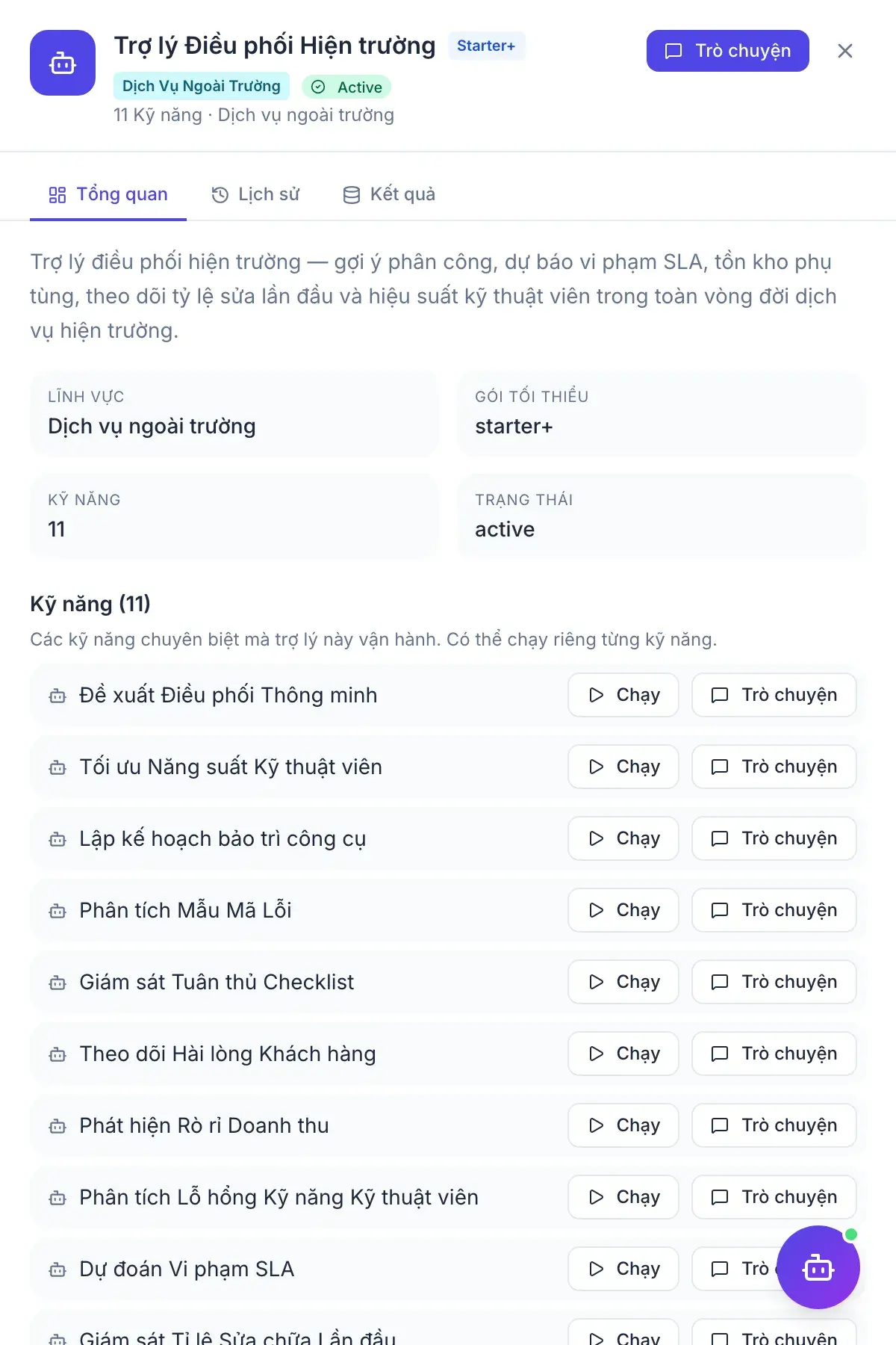 Điều phối Hiện trường — bảng kết quả của trợ lý