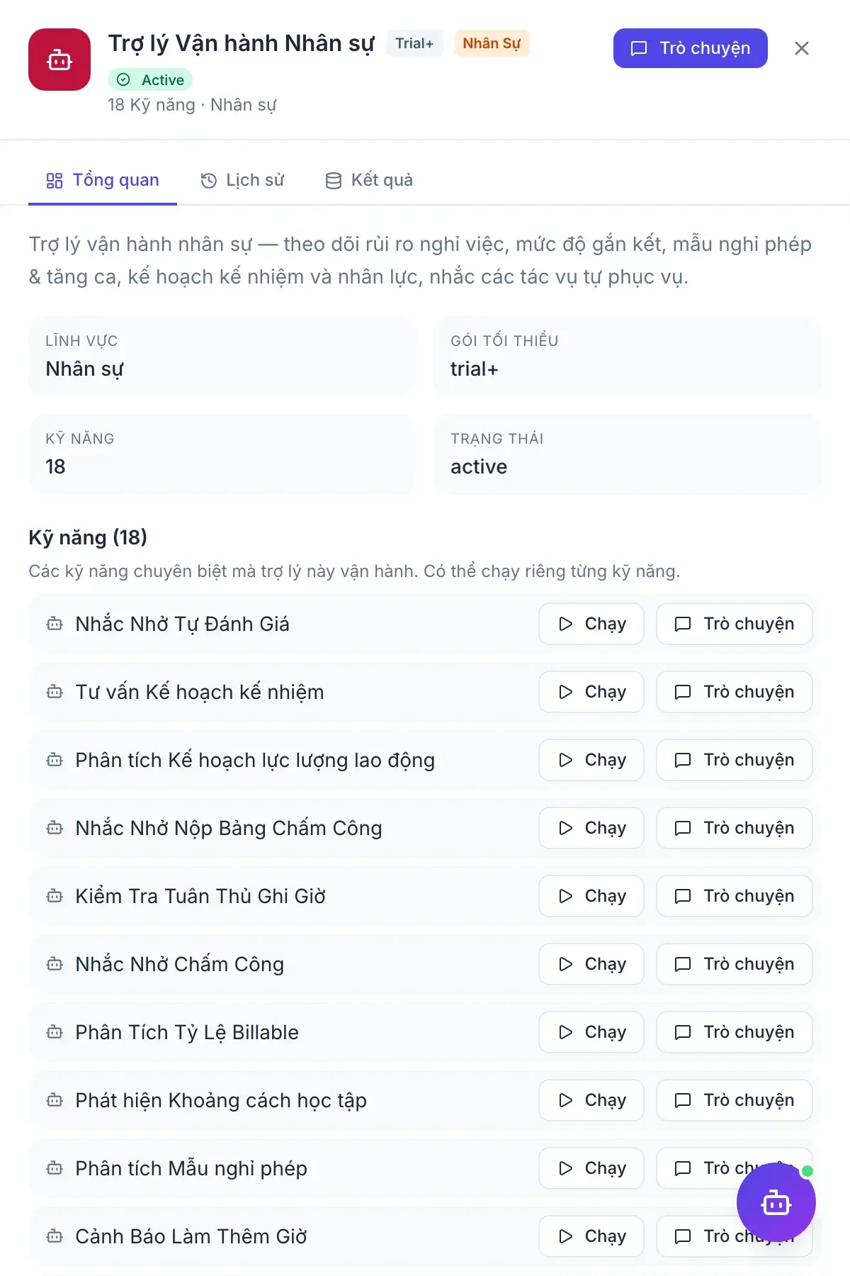Vận hành Nhân sự — bảng kết quả của trợ lý