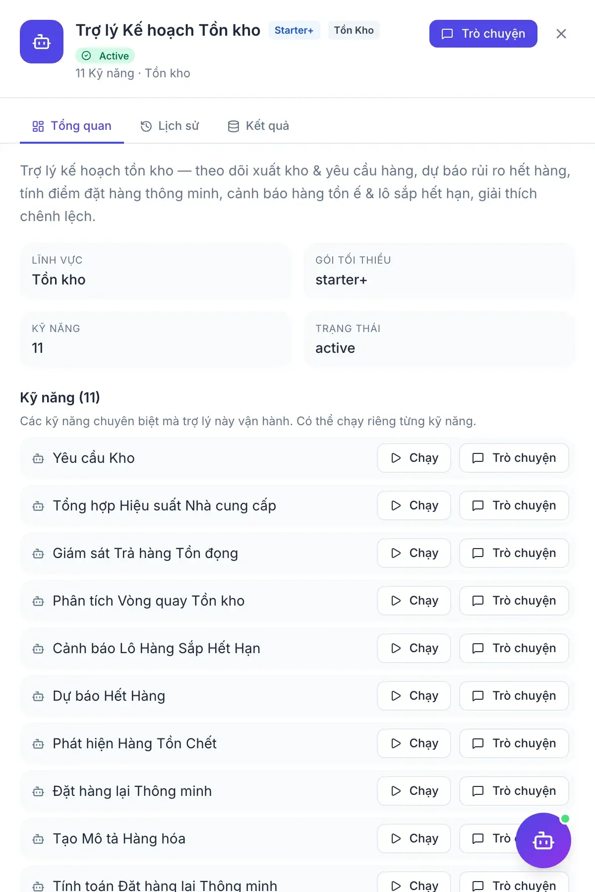 Kế hoạch Tồn kho — bảng kết quả của trợ lý