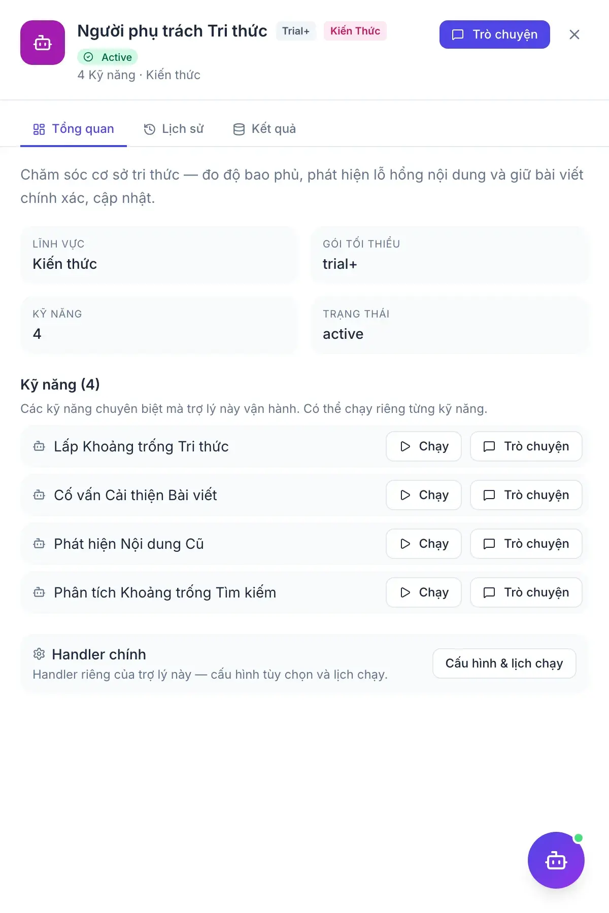 Biên tập Tri thức — bảng kết quả của trợ lý