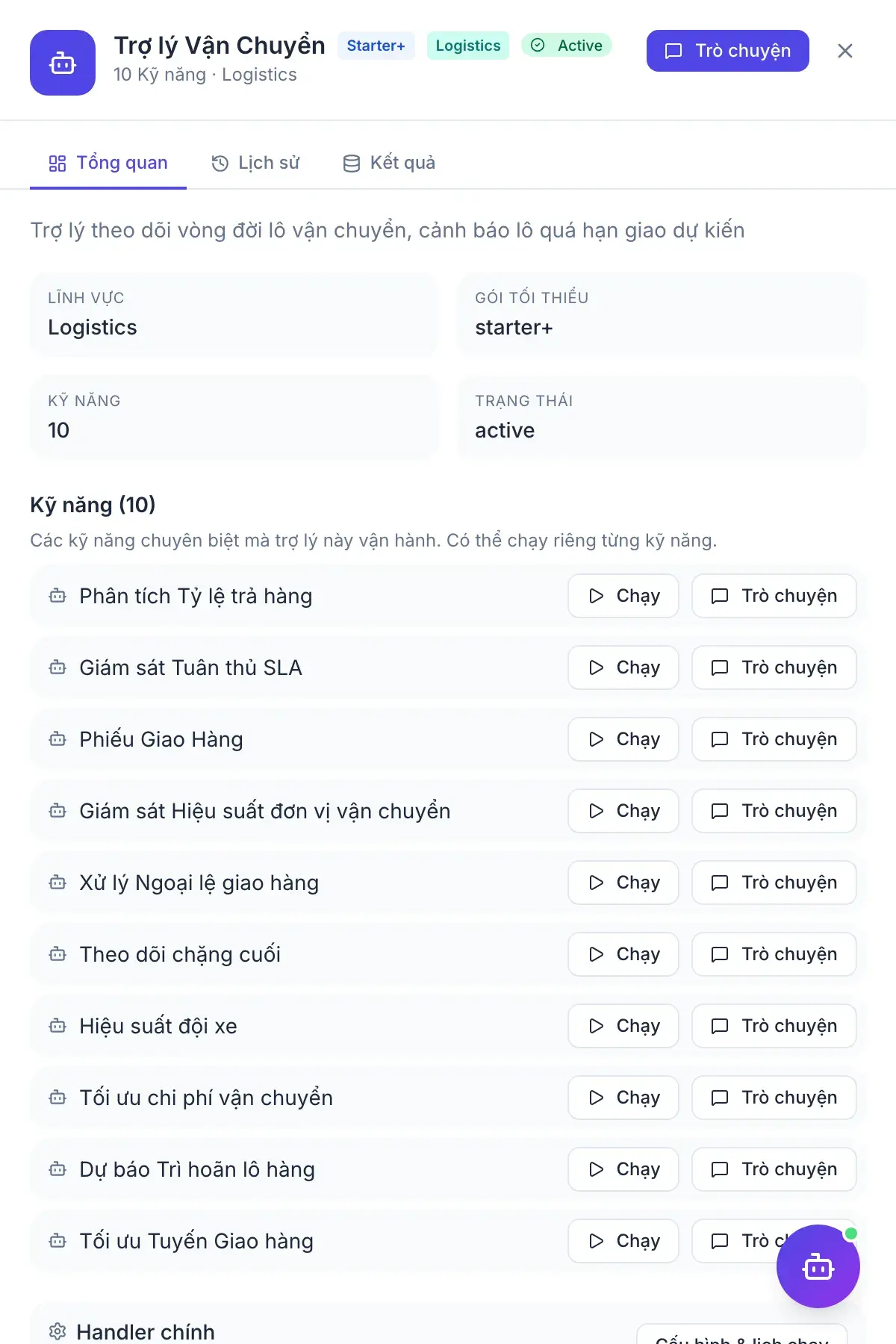 Điều phối Giao vận — bảng kết quả của trợ lý