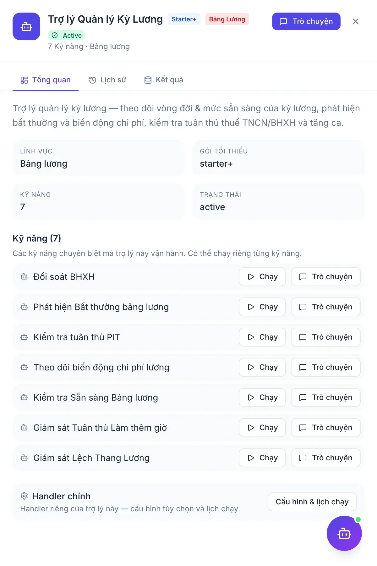 Trợ lý Tiền lương — bảng kết quả của trợ lý