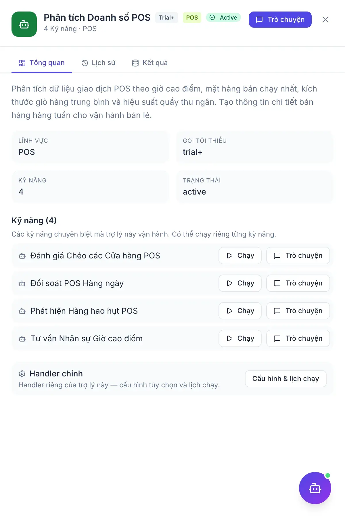 Quản lý Bán lẻ — bảng kết quả của trợ lý