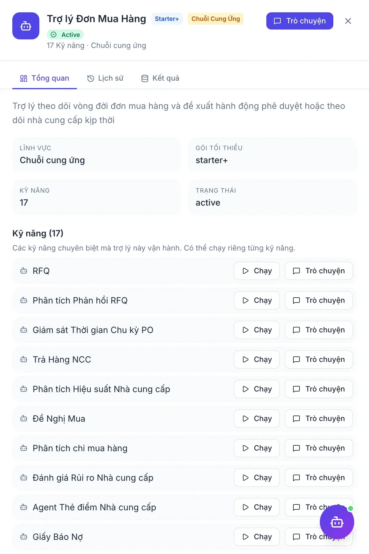 Trợ lý Mua hàng — bảng kết quả của trợ lý