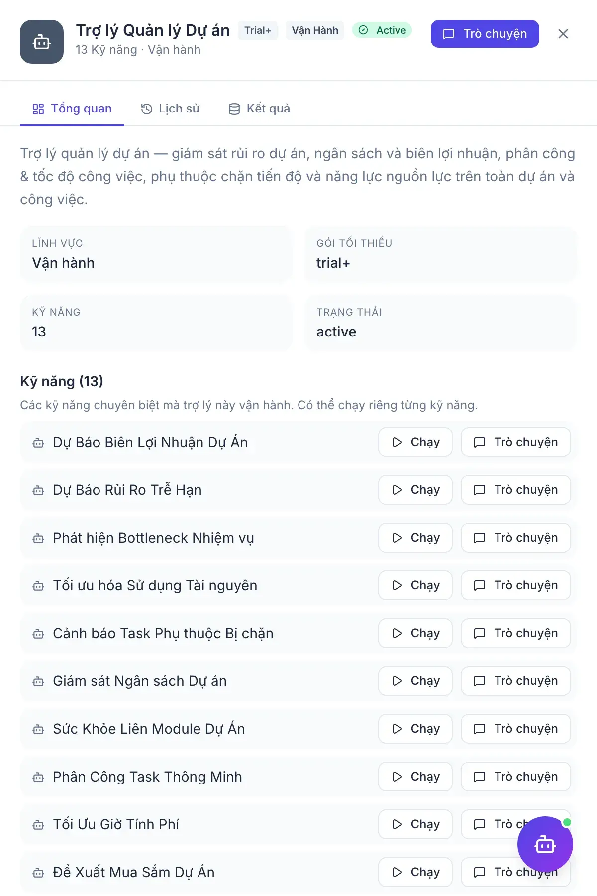 Quản lý Dự án — bảng kết quả của trợ lý