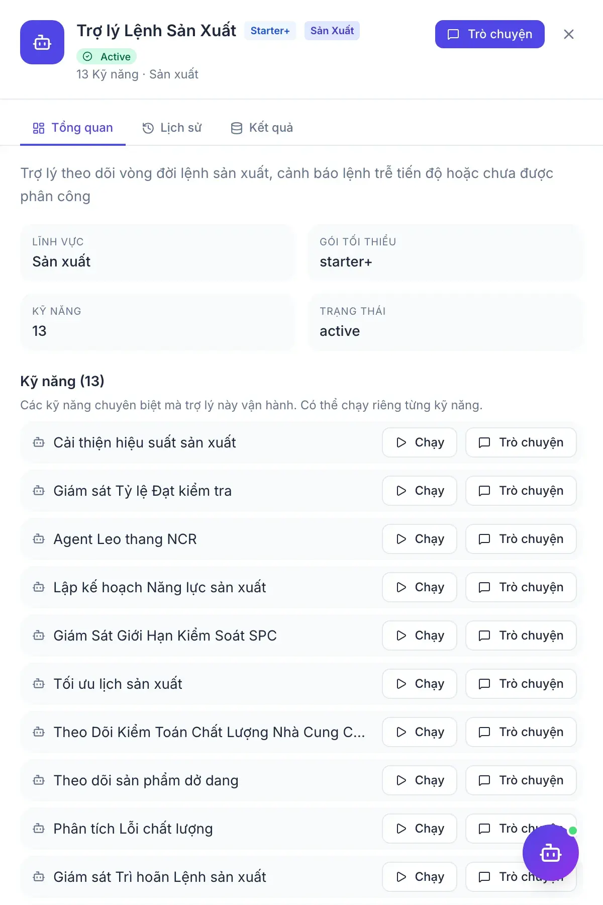 Kiểm soát Chất lượng — bảng kết quả của trợ lý