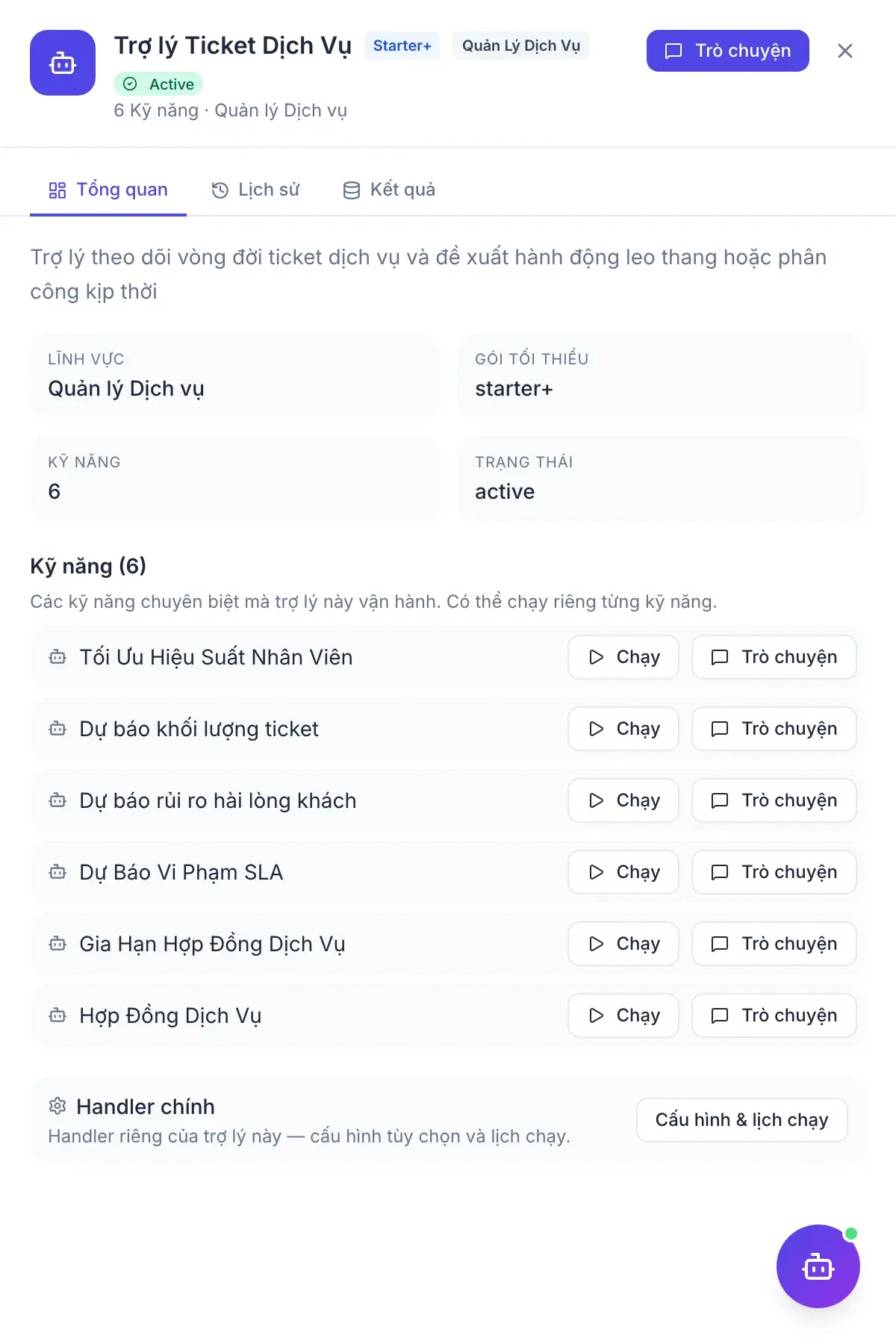 Trợ lý Hỗ trợ — bảng kết quả của trợ lý