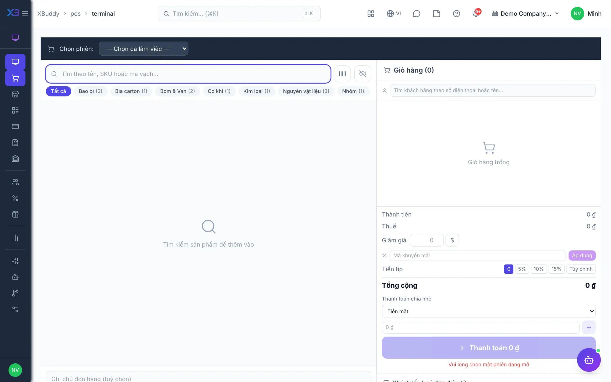 POS — Màn hình thanh toán tại quầy kèm giỏ hàng