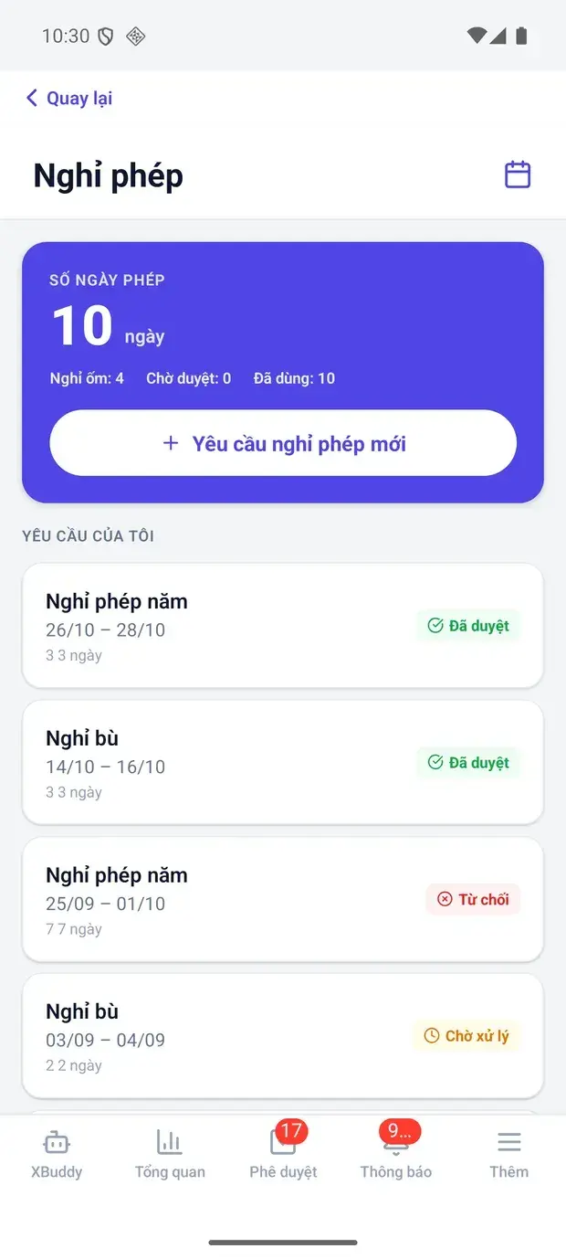 Nghỉ phép: số ngày còn lại và đơn của tôi